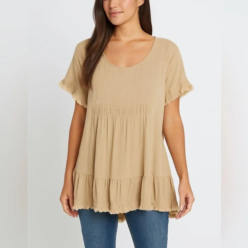 Umgee Beige Linen Blend Ruffle Hem Tunic Top Women’s Size M Boho